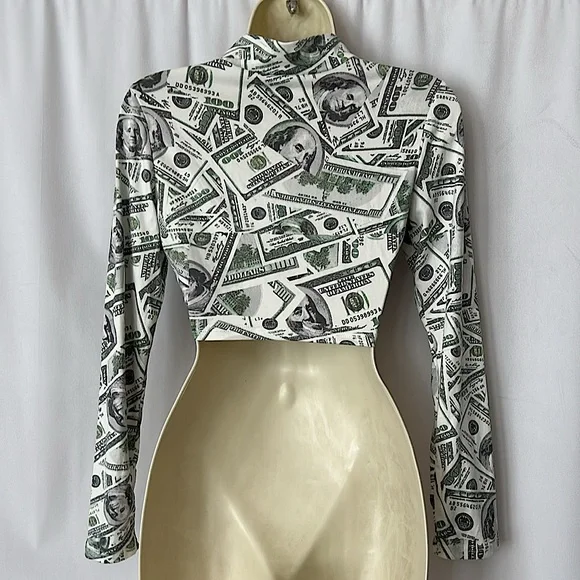 Cherry Mellow $100 Bills Long Sleeve Crop Top Shirt **Size M** 💵💵 - Picture 2 of 4